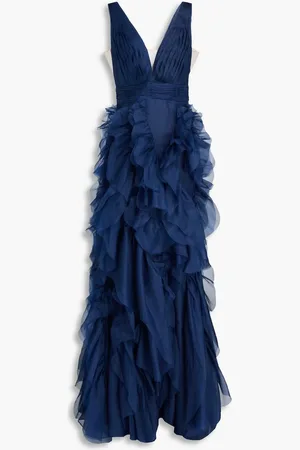 Marchesa Notte Ruffled silk-organza gown - Blue