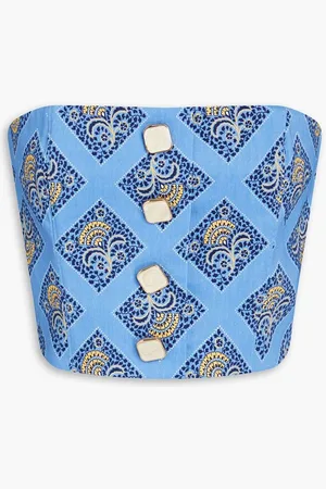 VERONICA BEARD Ziene strapless cropped printed linen-blend top - Blue