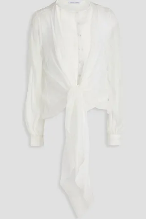 Alberta Ferretti Tie-front layered silk-voile and corded lace blouse - White
