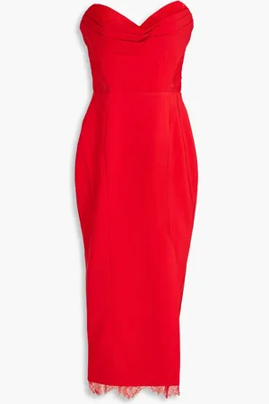 Marchesa Notte Strapless lace-trimmed pleated crepe midi dress