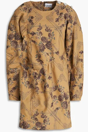 Ganni Crystal-embellished floral-jacquard mini dress - Brown