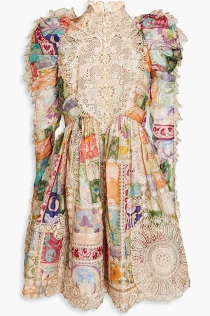 ZIMMERMANN Lace-paneled floral-print linen and silk-blend mini dress