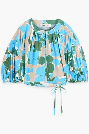 Diane von Furstenberg Dario cropped floral-print slub woven blouse - Blue