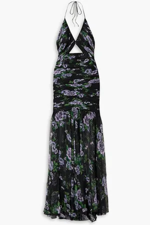 Carolina Herrera Cutout ruched floral-print silk-georgette halterneck gown