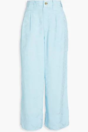 Ganni Cropped pleated satin-jacquard wide-leg pants - Blue