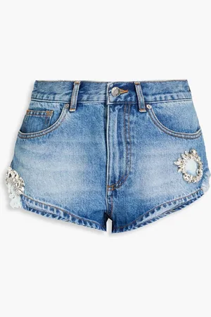 AREA Crystal-embellished distressed denim shorts - Blue
