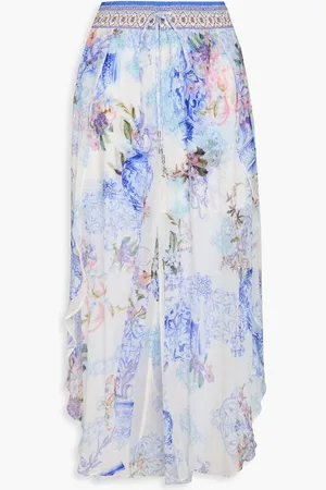 Camilla Printed silk-crepon culottes - Blue