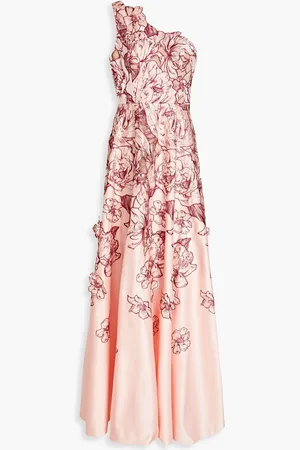Marchesa Notte One-shoulder embroidered duchesse-satin gown - Pink