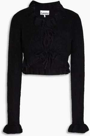 Ganni Cropped ruffled ribbed-knit cardigan