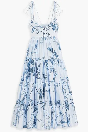 Erdem Tiered floral-print cotton-poplin midi dress - Blue