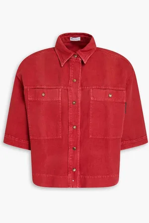 Brunello Cucinelli Cropped bead-embellished denim shirt - Red