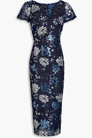 Marchesa Notte Sequin-embellished embroidered tulle midi dress - Blue
