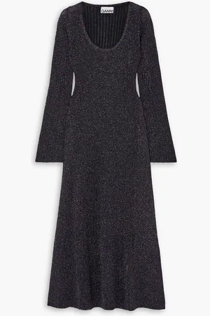 Ganni Metallic ribbed-knit midi dress - Blue