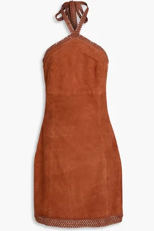 REMAIN Birger Christensen Crochet-trimmed suede halterneck mini dress - Brown