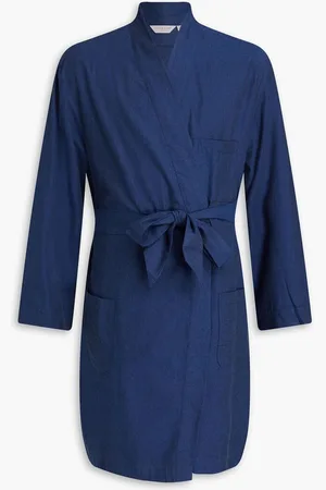 DEREK ROSE Belted herringbone cotton-flannel robe - Blue