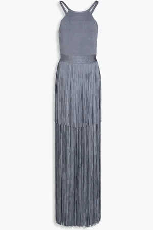 Hervé Léger Fringed ribbed stretch-knit gown - Gray