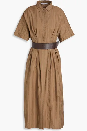 Fabiana Filippi Belted striped cotton and silk-blend midi shirt dress - Brown