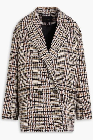 Maje Double-breasted checked wool-blend blazer - Brown