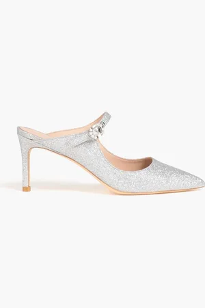 Stuart Weitzman Dazzle 75 crystal-embellished glittered faux leather mules - Metallic