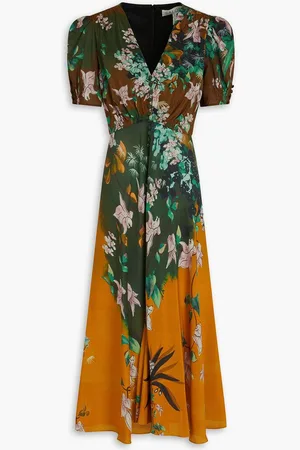 SALONI Floral-print silk crepe de chine midi dress - Green