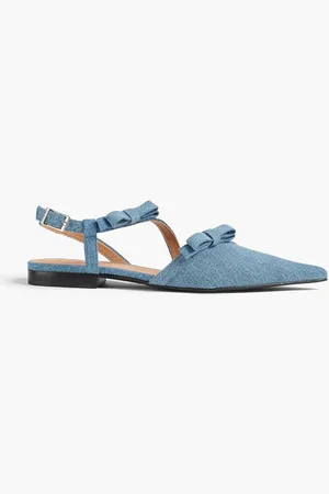 Ganni Bow-detailed denim point-toe flats - Blue