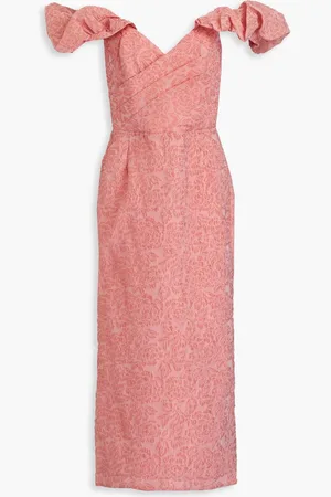 Marchesa Notte Off-the-shoulder pleated cloqué midi dress - Pink