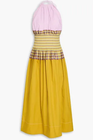 Tory Burch Color-block checked cotton-poplin halterneck midi dress - Yellow