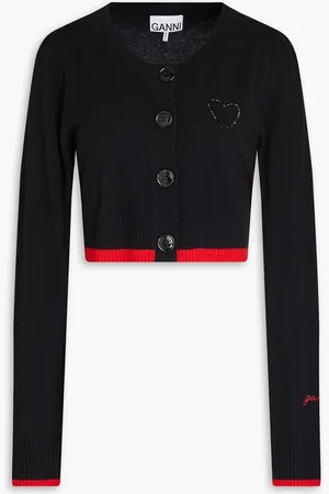 Ganni Cropped bead-embellished wool and cashmere-blend cardigan