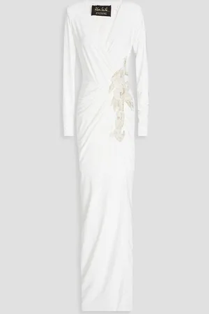 RHEA COSTA Wrap-effect embellished satin-jersey gown - White