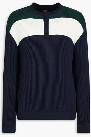 Giorgio Armani Striped waffle-knit cotton Henley sweater - Blue