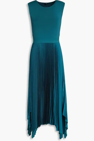 Joseph Dera asymmetric pleated stretch-knit and satin midi dress - Blue