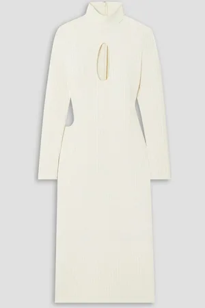 HALPERN Cutout ribbed stretch-knit midi turtleneck dress - White