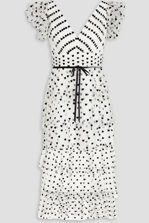 Marchesa Notte Tiered embroidered tulle midi dress