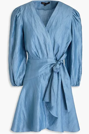 Maje Draped linen-blend twill mini wrap dress - Blue