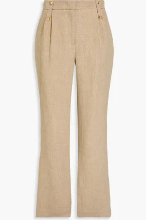 Alberta Ferretti Studded pleated linen straight-leg pants - Neutral
