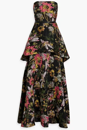 Marchesa Notte Tiered floral-jacquard gown
