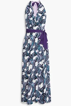 Diane von Furstenberg Mattia belted printed crepe halterneck maxi dress