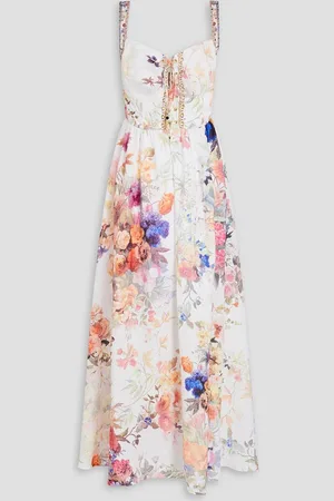 Camilla Crystal-embellished floral-print linen midi dress - White