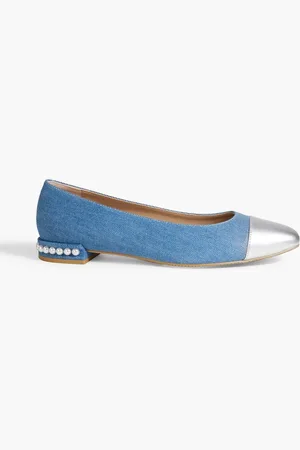 Stuart Weitzman Pearl embellished denim flats - Blue