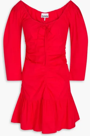 Ganni Ruched cotton-poplin mini dress