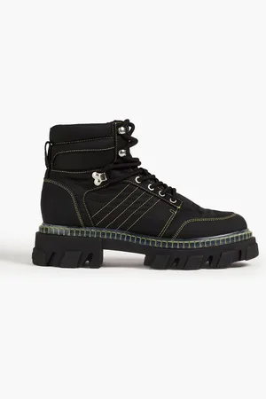 Ganni Lace-up leather and canvas ankle boots