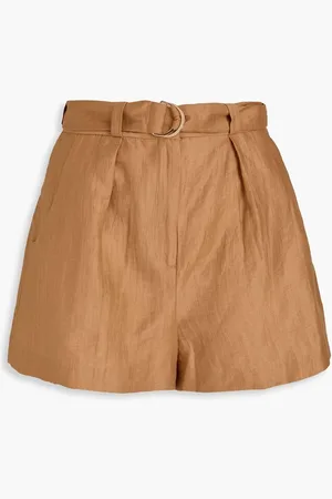 Maje Belted linen-blend shorts - Brown