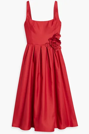 Marchesa Notte Floral-appliquéd duchesse-satin midi dress