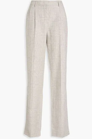 Emporio Armani Pleated checked linen and wool-blend tapered pants - Gray