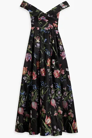 Marchesa Notte Pleated embroidered duchesse-satin gown