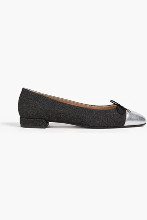 Stuart Weitzman Sleek metallic leather-trimmed denim ballet flats
