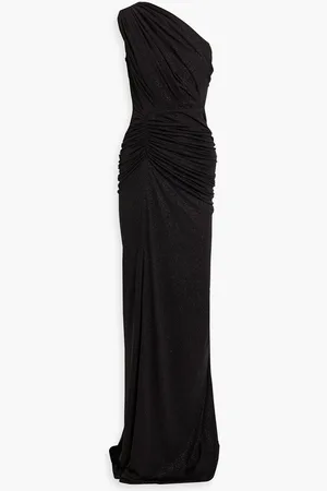 RHEA COSTA One-shoulder ruched glittered jersey gown