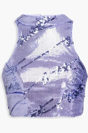 ROTATE Cropped sequined stretch-mesh top - Purple
