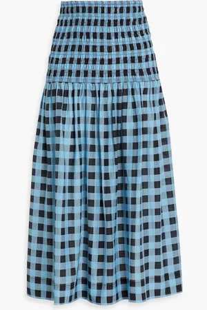 Ganni Shirred checked cotton and silk-blend midi skirt - Blue
