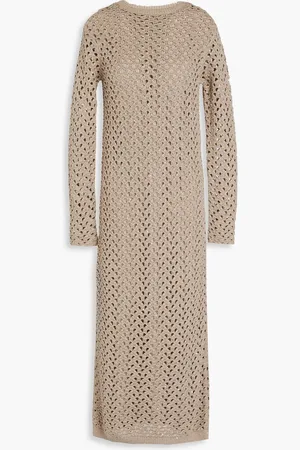 Brunello Cucinelli Open-knit cotton, linen and silk-blend midi dress - Neutral